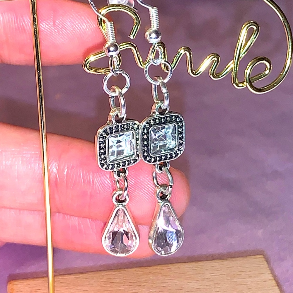 Handcrafted Dangling Earrings Rhinestones & Pink Teardrop Sterling Silver hooks